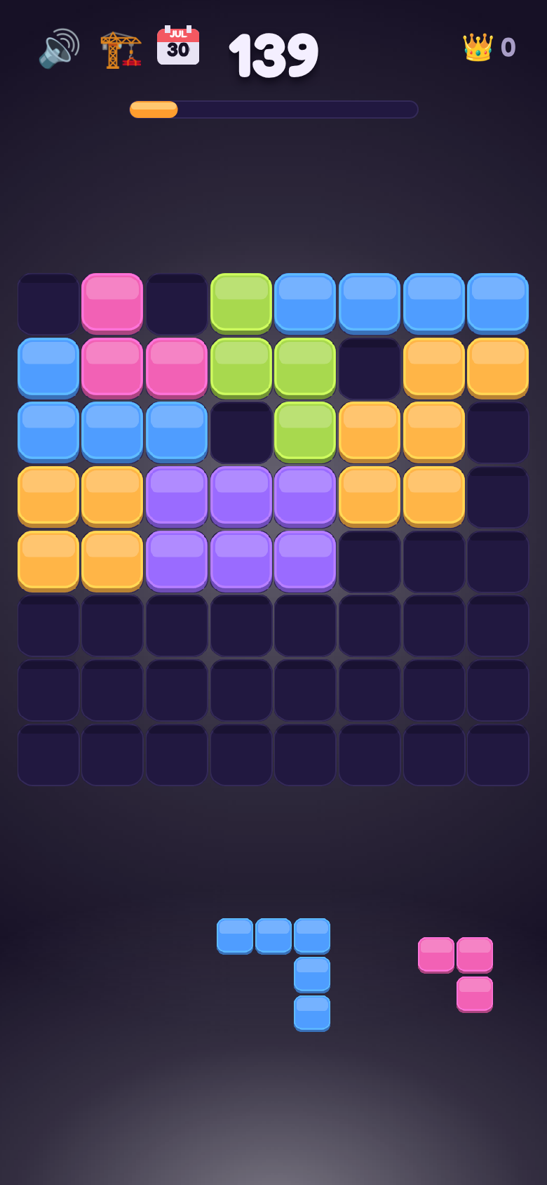 Tabuleiro do Blockaboom com peças coloridas encaixadas e a pontuação no topo